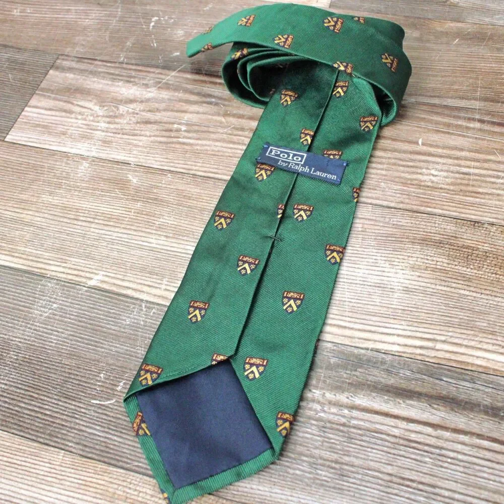 VTG Polo Ralph Lauren Tie Made Italy Green Crest Silk Repp Club 3.5